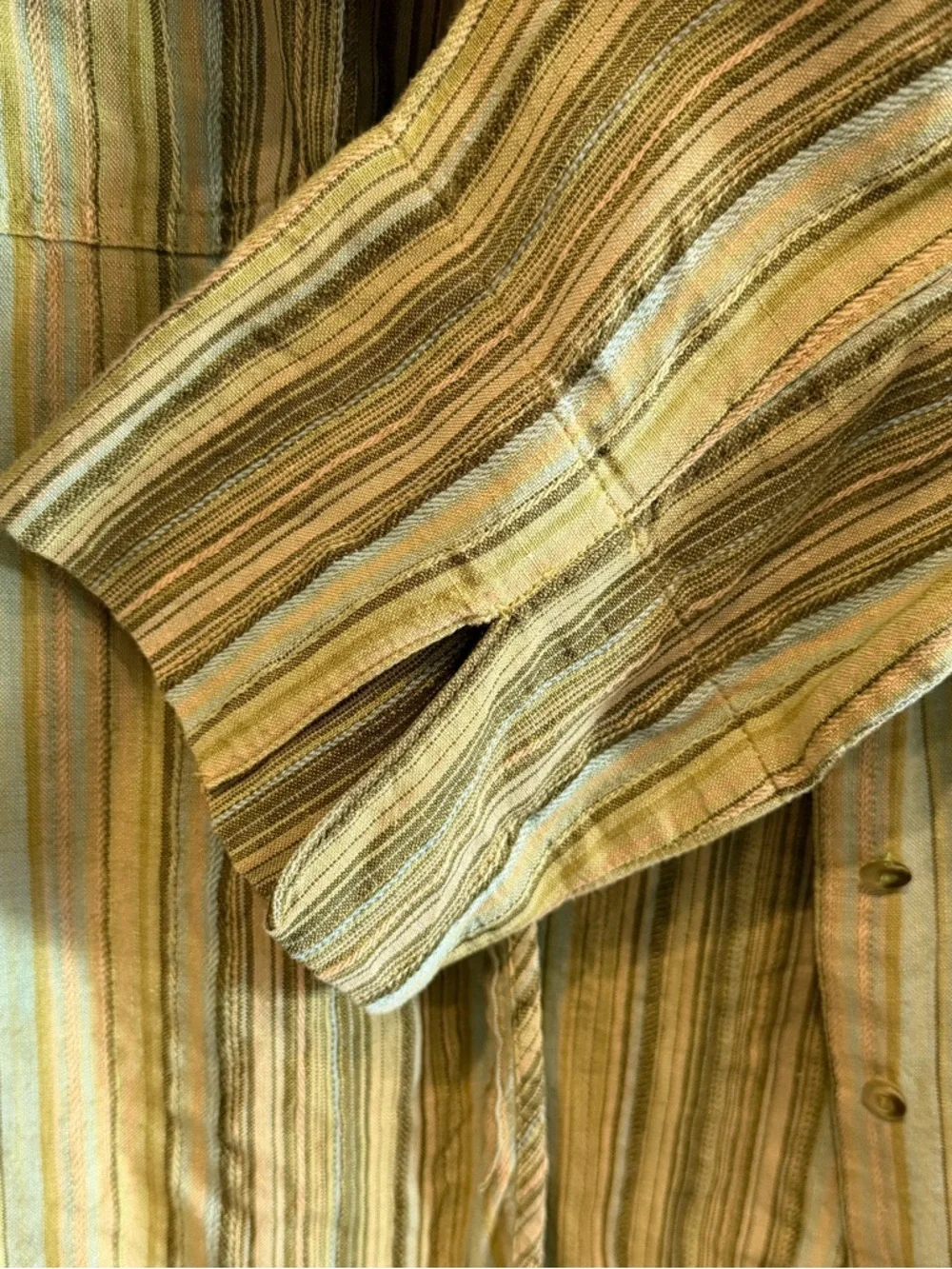 100% Linen Valerie Stevens Olive and Tan Striped Button-Down Shirt - Picture 5 of 6